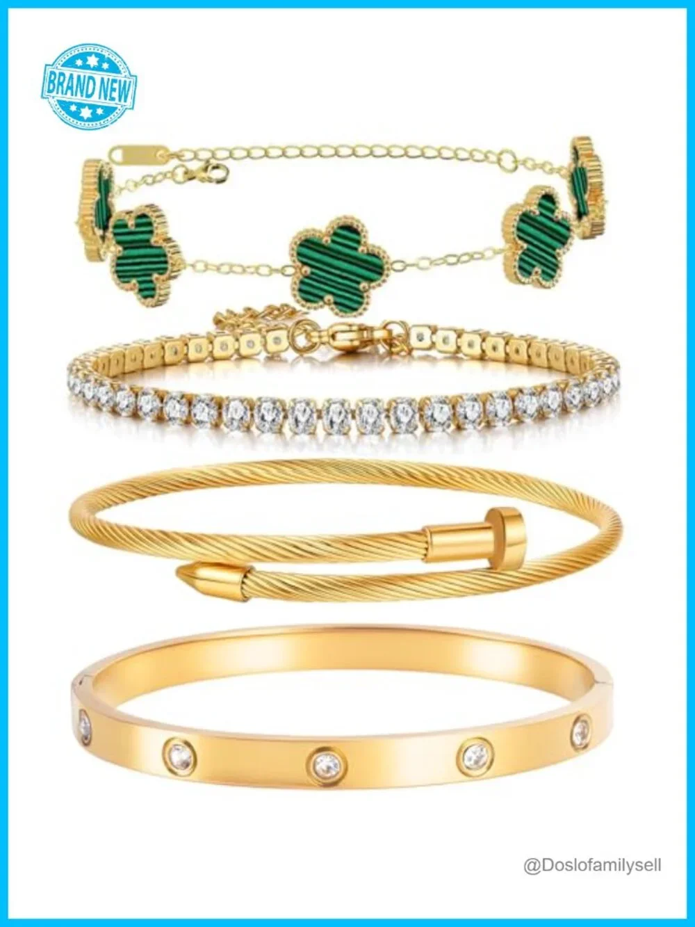 4 Pc Gold Plated Stackable Floral Bracelet Set with Crystals